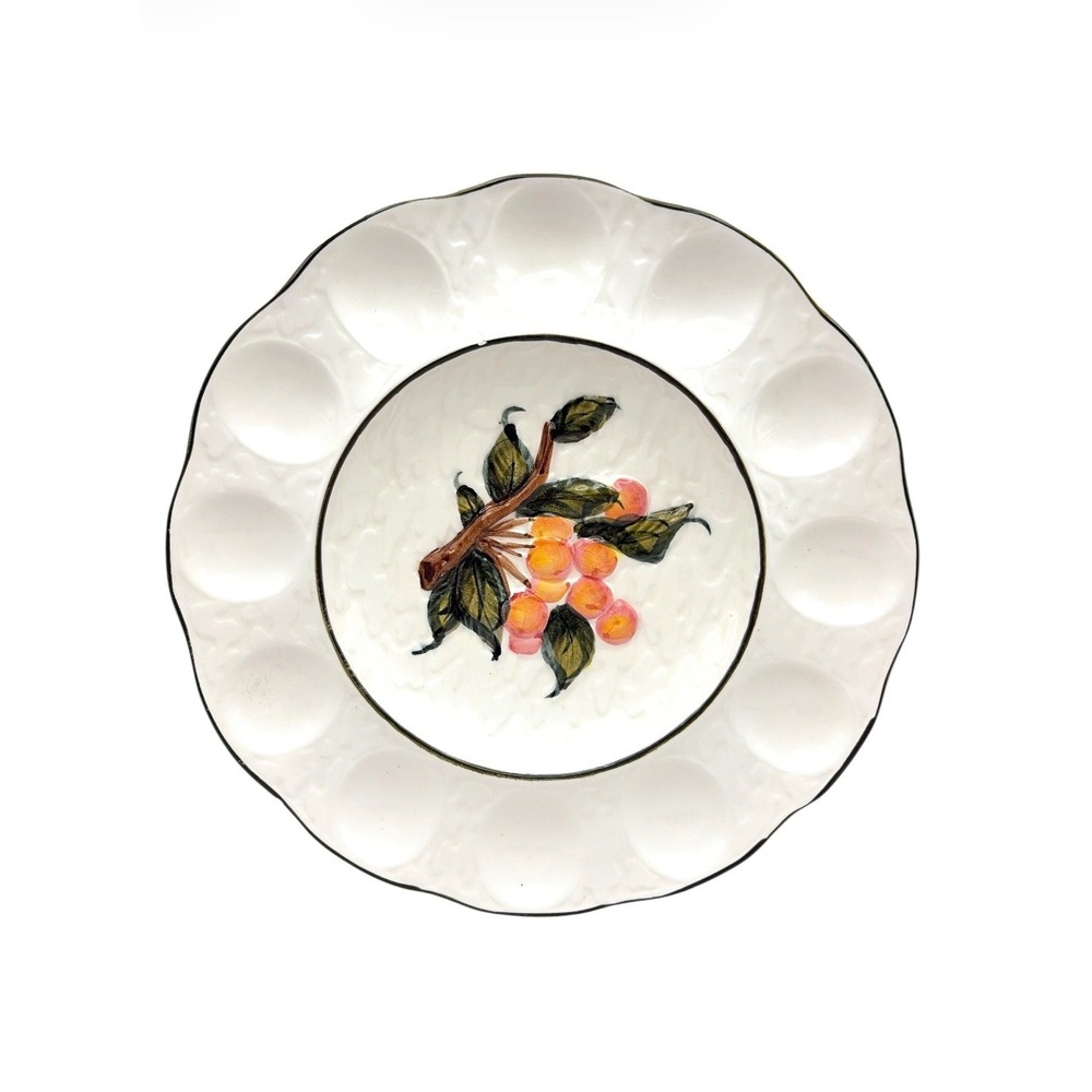 Vintage Hand Painted Ceramic Deviled Egg Platter 10" Peach Fruit & Branch Relief